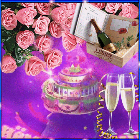 Розовая мерцающая открытка с цветами с днём рождения женщине