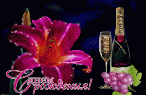Красивая открытка с днём рождения с цветами и шампанским